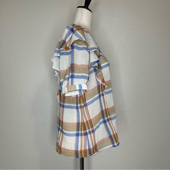 Madewell V-neck Textured Plaid Shoulder-Ruffle Top - Picture 6 of 13
